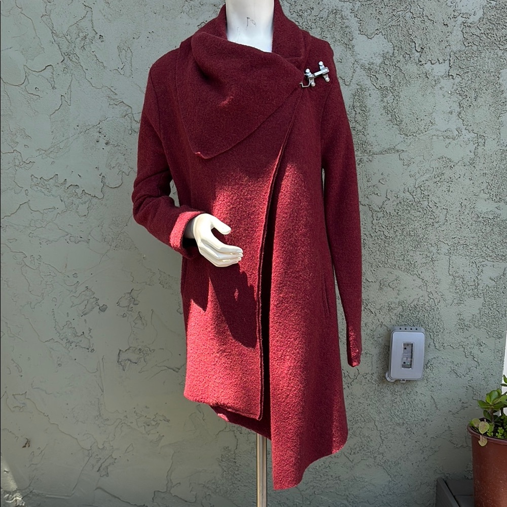 Garnet Hill Red Boiled Wool Coat with Asymmetrical Design and metal clasp